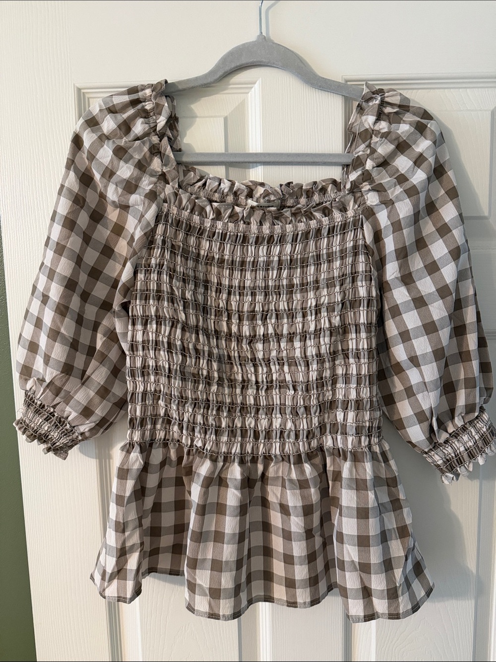 Gingham Smocked Top in Taupe & White
